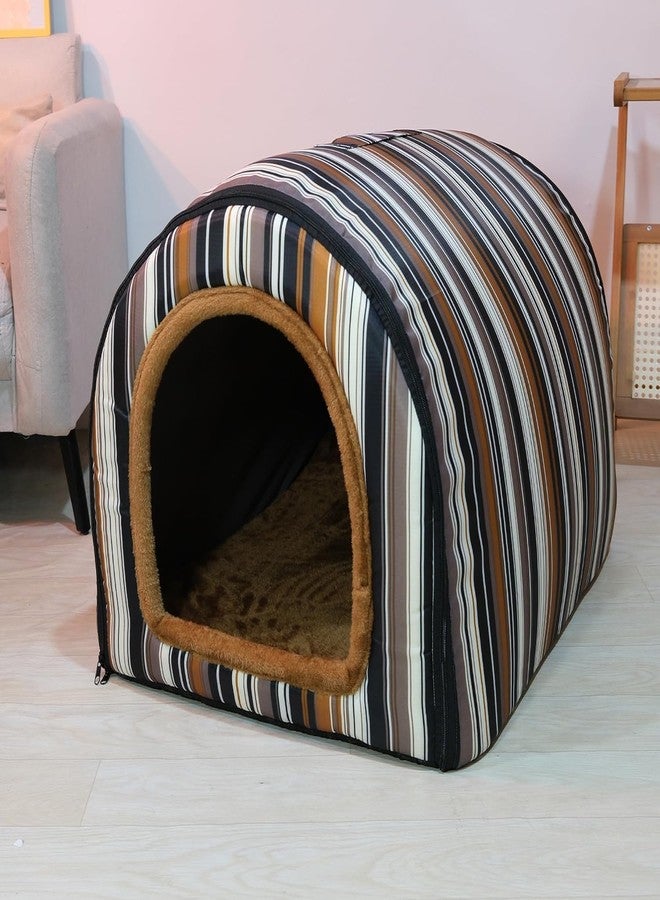 Homestic Foldable Igloo Dog House | Soft & Adjustable Travel Pet Shelter for Cat & Rabbits with Sleeping Bed | Cave Bed Tent Shelter for Pets | Large - Beige & Black Stripes - Image 1
